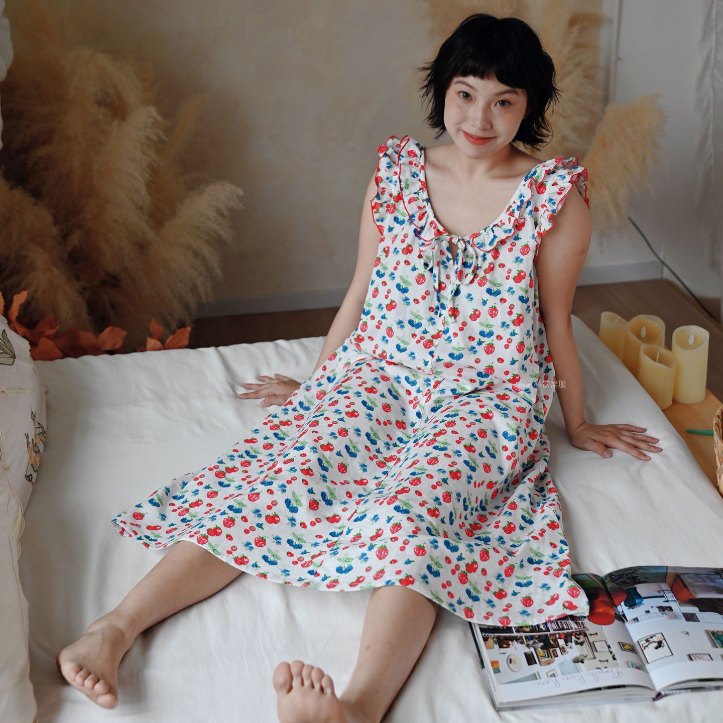 睡衣女夏季纯棉纱布红莓浆果小吊带圆领森系可外穿长裙家居服睡裙