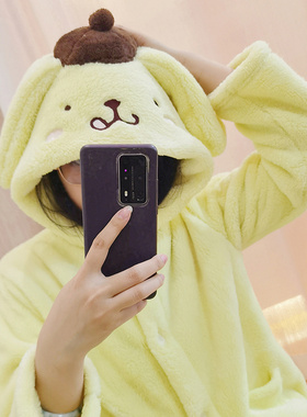 奶fufu布丁狗珊瑚绒睡裙女冬季玉桂狗保暖长袖家居服连帽睡袍睡衣