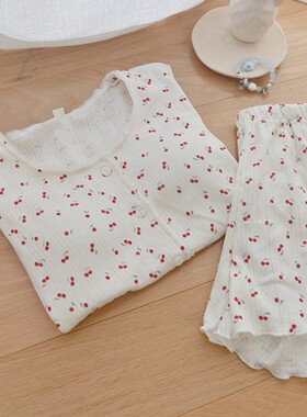 法式红樱桃带胸垫睡衣女夏季纯棉短袖短裤可外穿免bra文胸家居服