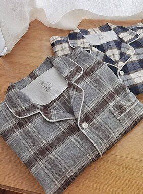 英伦格子睡衣男秋冬季纯棉磨毛绒布长袖简约休闲全棉法兰绒家居服