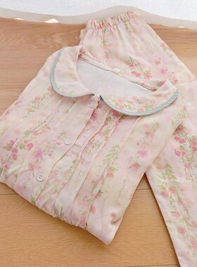 带胸垫睡衣女夏季竹纤维棉纱布玫瑰短袖长袖长裤免文胸春秋家居服