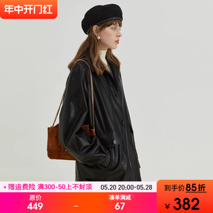 新款 范洛2024春季 慵懒复古风黑色翻领环保pu皮衣机车服夹克外套女