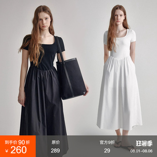 连衣裙女2025夏季 范洛黑色方领短袖 赫本风高腰显瘦针梭织拼接裙子