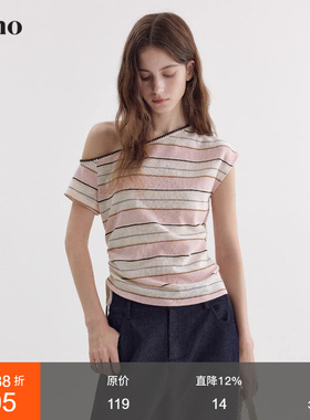 范洛Fano 简约复古慵懒感T恤女2026春新款斜露肩条纹抽绳针织上衣