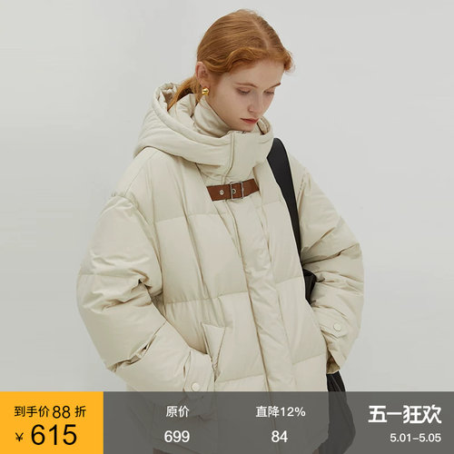 范洛复古连帽皮袢扣短款羽绒服