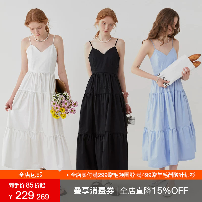 范洛2026夏季新款法式高级感V领吊带连衣裙女收腰露背蛋糕长裙子