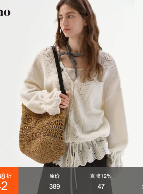 范洛Fano 法式慵懒感针织开衫女春季异形扣重工镂空钩花系带上衣