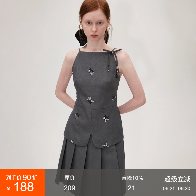 范洛绣花两件套女2025夏季格雷系蝴蝶结系带上衣时髦高腰百褶半裙