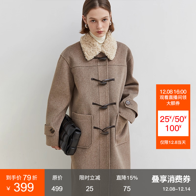 范洛羊羔毛牛角扣中长款毛呢大衣