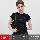 新款 范洛蝴蝶结拼接圆领短袖 T恤2025夏季 简约风正肩设计感上衣女