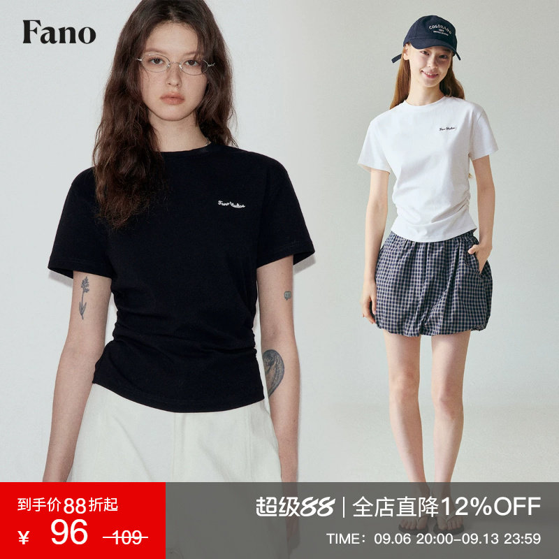 范洛高级感腰侧抽褶极简黑色t恤										
