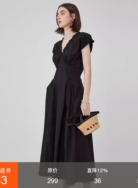 范洛Fano 法式V领泡泡袖连衣裙女设计感2026夏季新款褶皱收腰裙子