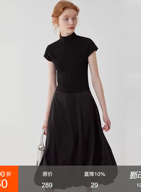 范洛2025夏季新款黑色高级小众半高领T恤拼接缎面光泽感连衣裙女