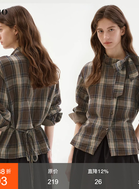 范洛Fano 100棉格纹衬衫女2026春异形扣蝴蝶结系带设计感小众上衣
