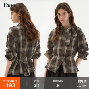 范洛Fano 女2026春异形扣蝴蝶结系带设计感小众上衣 100棉格纹衬衫