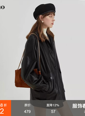 范洛Fano 2026春季新款复古翻领黑色环保pu皮衣机车服夹克外套女