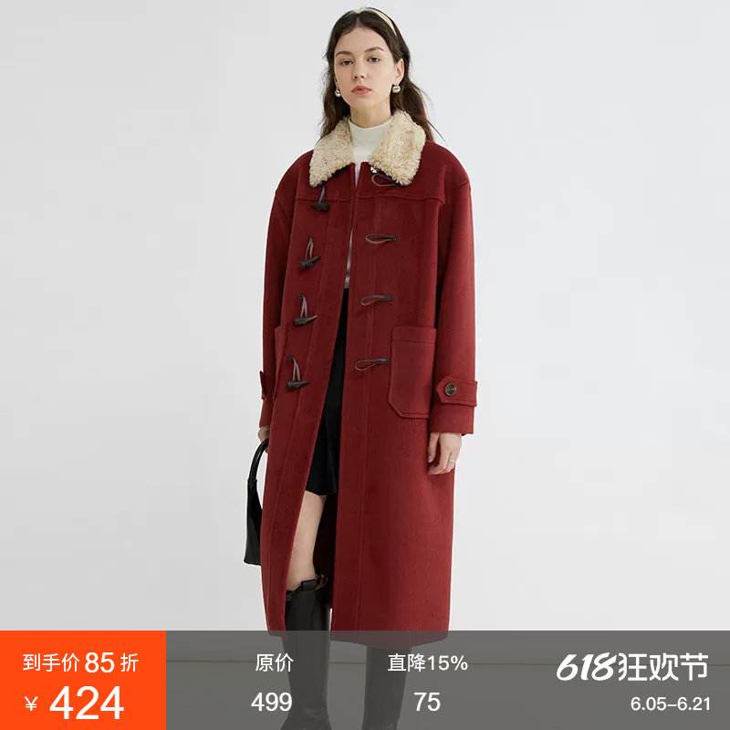 范洛Fano 法式仿羊羔毛牛角扣毛呢大衣女冬季中长款加厚呢子外套