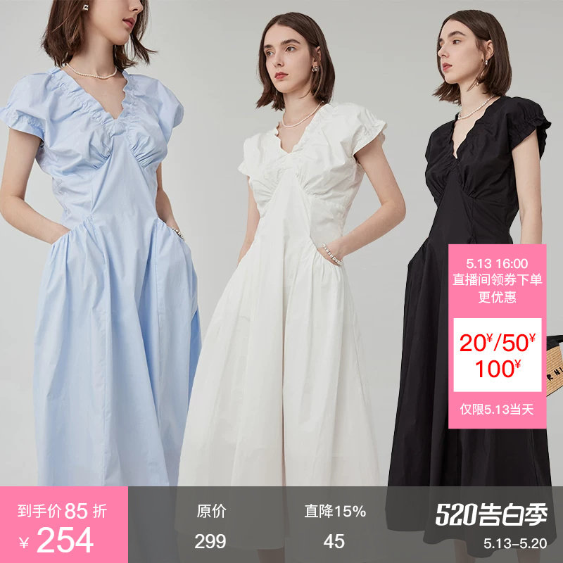 范洛法式V领连衣裙女设计感2026夏季新款褶皱插袋收腰泡泡袖裙子