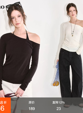 范洛Fano 高级感温柔斜肩打底衫女2026春季新款慵懒修身显瘦上衣