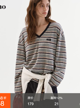 范洛Fano 慵懒感长袖T恤女2026春季显瘦v领撞色条纹休闲套头上衣