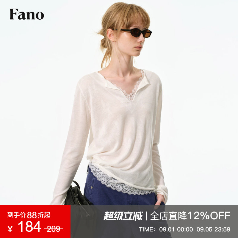 范洛Fano 叠穿层次感镂空蕾丝假两件女2026秋季新款V领显瘦针织衫图片