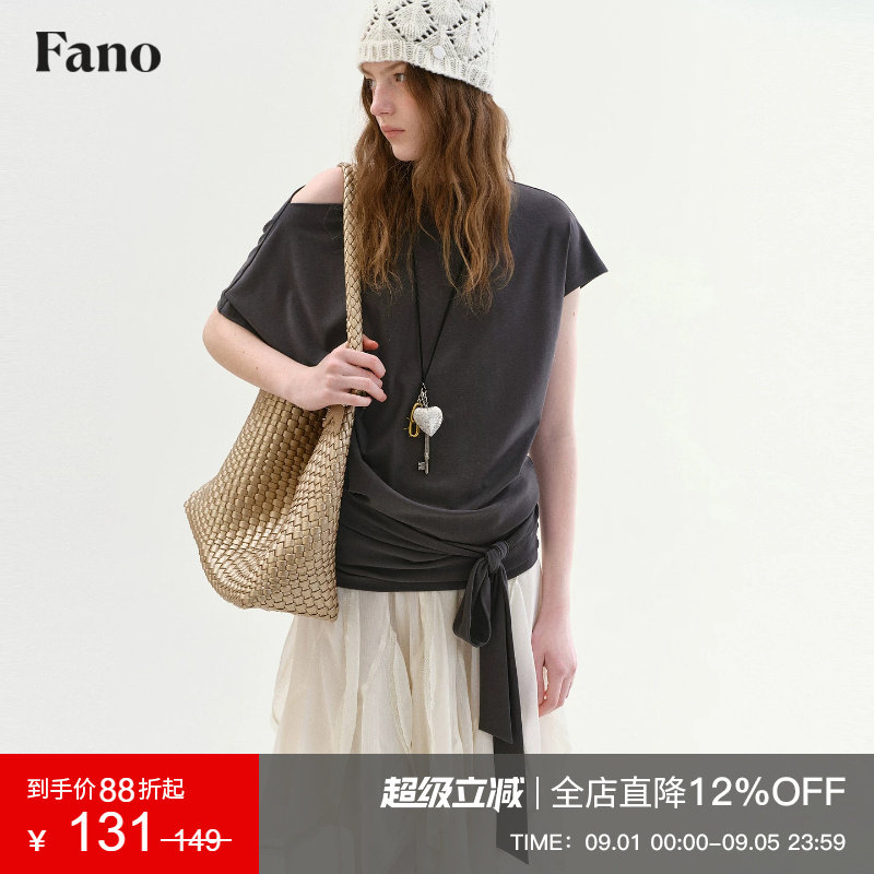 范洛Fano 法式慵懒感蝙蝠袖T恤女2026夏季新款一字领斜肩绑带上衣图片
