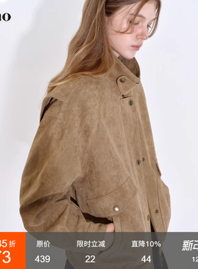 范洛Fano 小众复古夹棉外套冬柔雾感卡其色麂皮绒棉服皮衣女个子