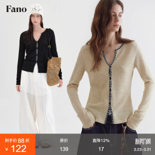 上衣 长袖 范洛Fano V领高级感格纹撞色T恤2026春拼接镂空针织修身