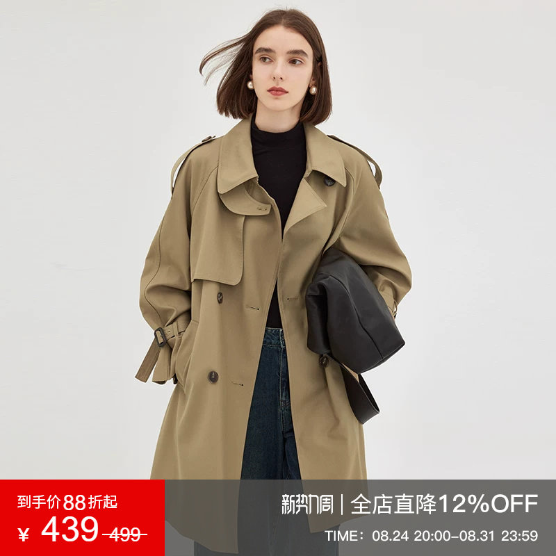 范洛英伦双排扣插肩袖短款风衣图片