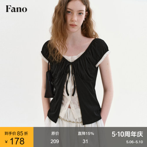 范洛Fano 法式慵懒感撞色假两件女2026夏季新款泡泡短袖蕾丝上衣