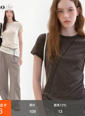 范洛Fano 松弛简约风短袖T恤女2026春季新款斜下摆卷边圆领上衣