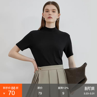 2026夏季 t恤上衣女打底衫 新款 紧身短袖 纯棉黑色半高领修身 范洛