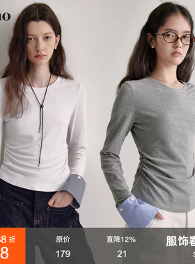 范洛Fano 小众拼接袖上衣女2026春季两穿抽褶修身显瘦撞色打底T恤