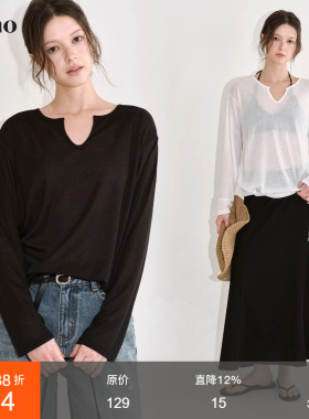 范洛Fano 简约基础感显瘦防晒T女2026春新款V领落肩长袖针织上衣