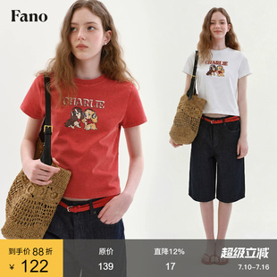范洛Fano 100棉美式复古童趣风T恤女2026夏新款小狗印花红色上衣