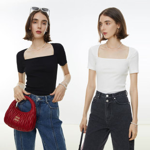 修身 范洛 T恤女夏季 大方领短袖 显瘦上衣 黑科技×优可丝空气层