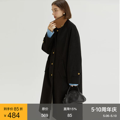 范洛撞色翻领中长款毛呢大衣