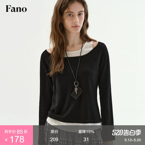范洛Fano 羊毛混纺长袖T恤女春季设计感镂空露肩假两件宽松上衣