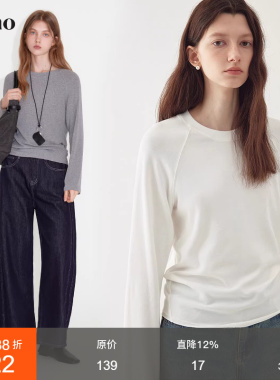 范洛Fano 毛边宽松圆领打底衫长袖T恤女2026春季仿羊绒插肩袖上衣