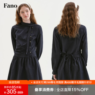 范洛Fano 法式设计感长袖连衣裙女2026秋新款斜扣飘带领收腰短裙