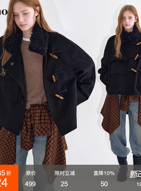 范洛Fano 温暖设计感毛毛领拼接撞色木质扣羊毛混纺面料呢外套女