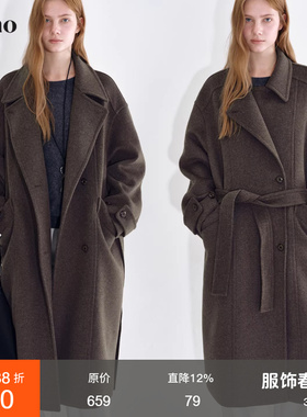 范洛Fano 质感row风杂色40绵羊毛混纺宽门襟设计厚实保暖呢大衣女