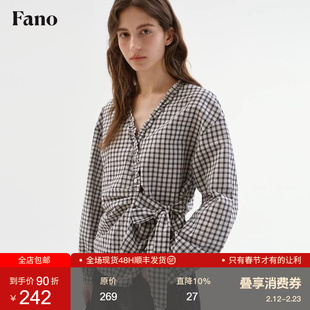 范洛Fano 早春黑白格纹衬衫女2026设计感木耳边V领绑带收腰小衫