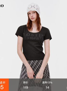 范洛Fano 小众设计感显瘦蕾丝花边拼接u领字母印花修身t恤女上衣