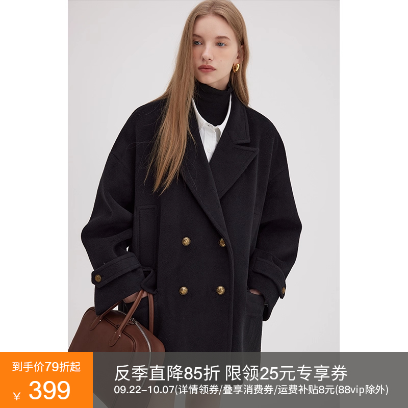 范洛休闲宽松金属双排扣毛呢外套