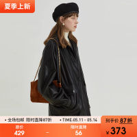 范洛2024春季新款慵懒复古风黑色翻领环保pu皮衣机车服夹克外套女