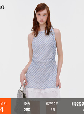 范洛Fano 少女感轻薄绣花格纹多层花边拼接挂脖吊带连衣裙女夏季