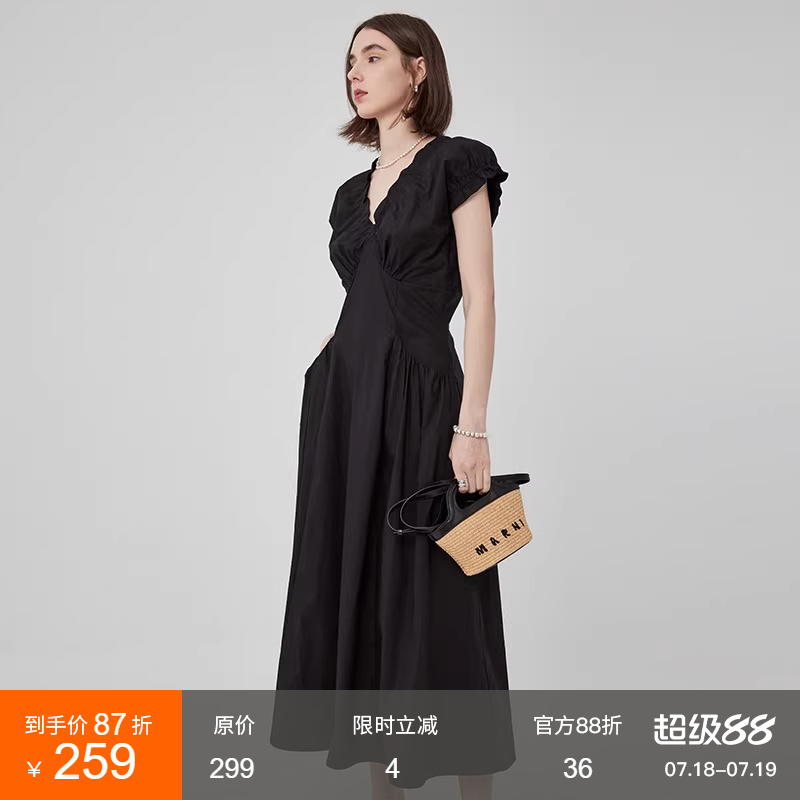 范洛Fano 法式V领泡泡袖连衣裙女设计感2025夏季新款褶皱收腰裙子