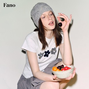 短袖 范洛Fano 印花t恤女2025夏季 小眾設(shè)計(jì)感撞色貼布繡插肩袖 上衣