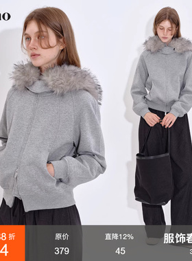 范洛Fano 休闲防风保暖抓绒内里可拆卸毛领连帽分割线卫衣短外套